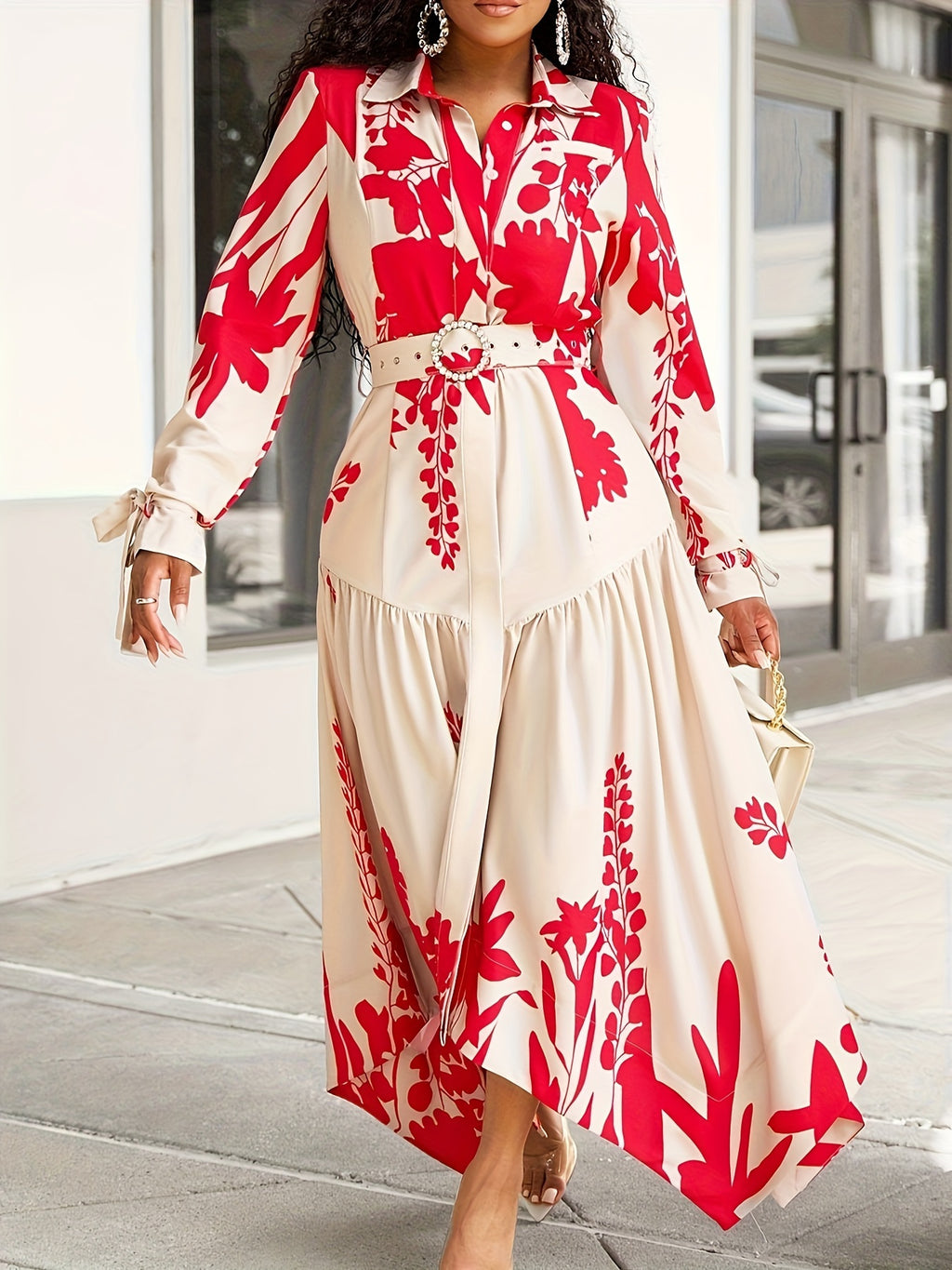 Long Sleeve Printed Lapel Irregular Loose with Belt Dress