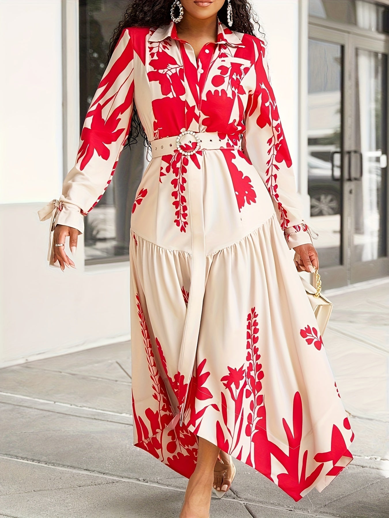 Long Sleeve Printed Lapel Irregular Loose with Belt Dress