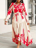 Long Sleeve Printed Lapel Irregular Loose with Belt Dress