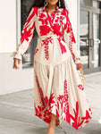 Long Sleeve Printed Lapel Irregular Loose with Belt Dress