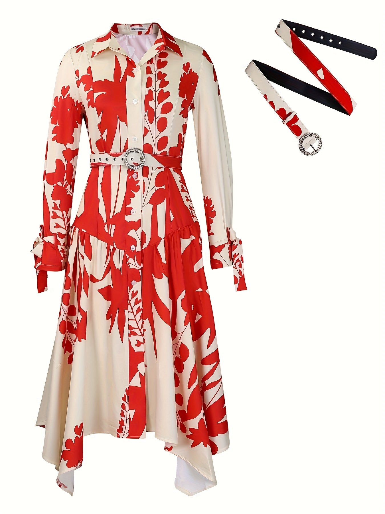 Long Sleeve Printed Lapel Irregular Loose with Belt Dress