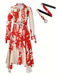 Long Sleeve Printed Lapel Irregular Loose with Belt Dress