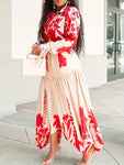 Long Sleeve Printed Lapel Irregular Loose with Belt Dress