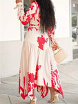 Long Sleeve Printed Lapel Irregular Loose with Belt Dress