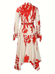 Long Sleeve Printed Lapel Irregular Loose with Belt Dress