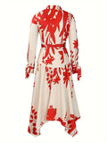 Long Sleeve Printed Lapel Irregular Loose with Belt Dress