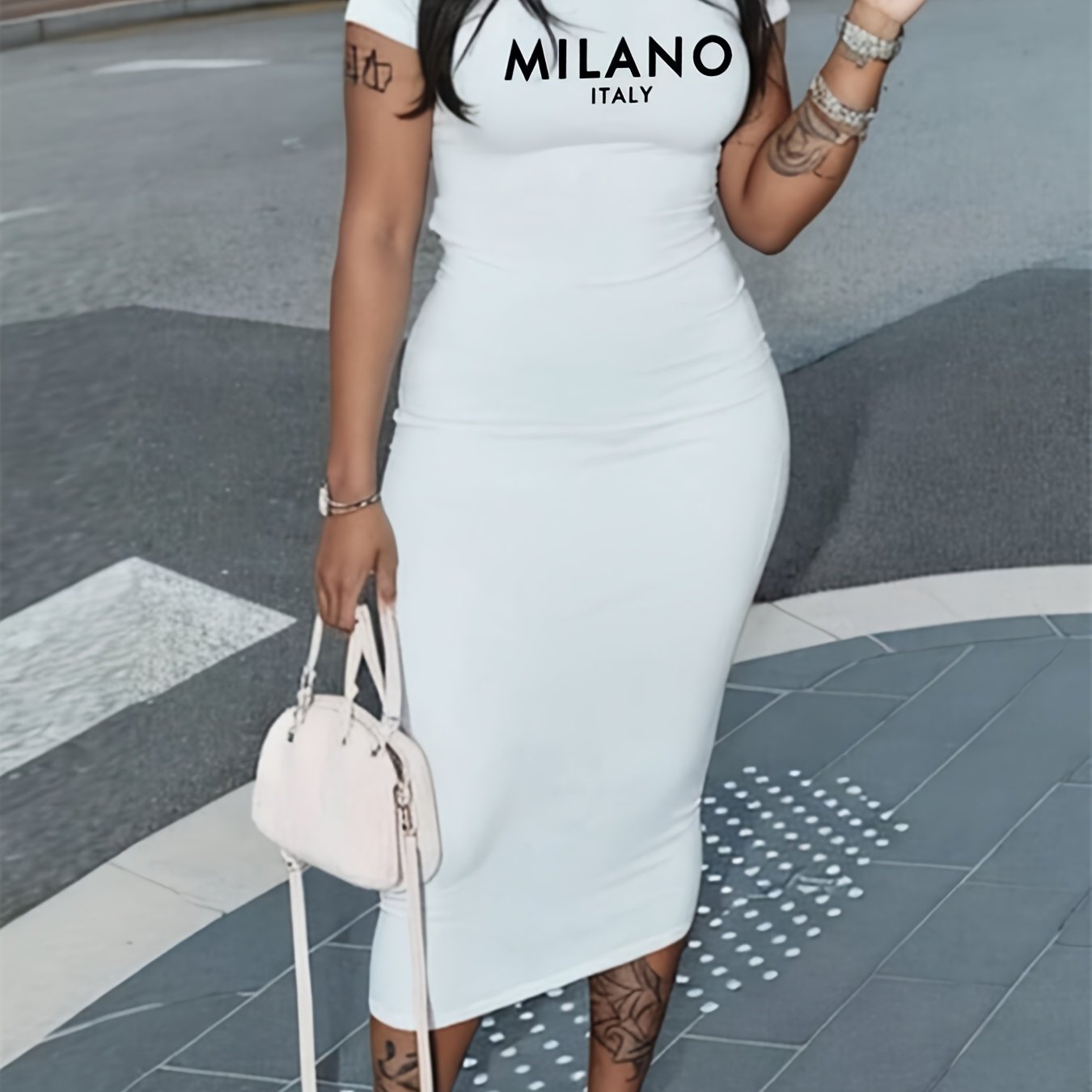 Print Slim-fit Crew-neck Short-sleeved Dress
