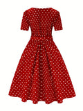 Women's Elegant Red & White Polka Dot A-Line Dress