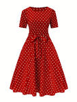 Women's Elegant Red & White Polka Dot A-Line Dress