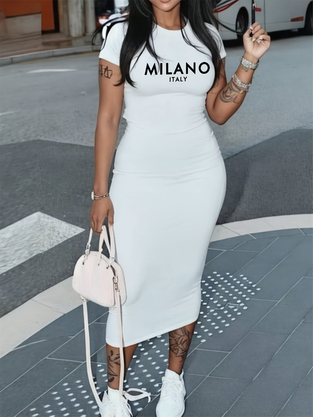 Print Slim-fit Crew-neck Short-sleeved Dress