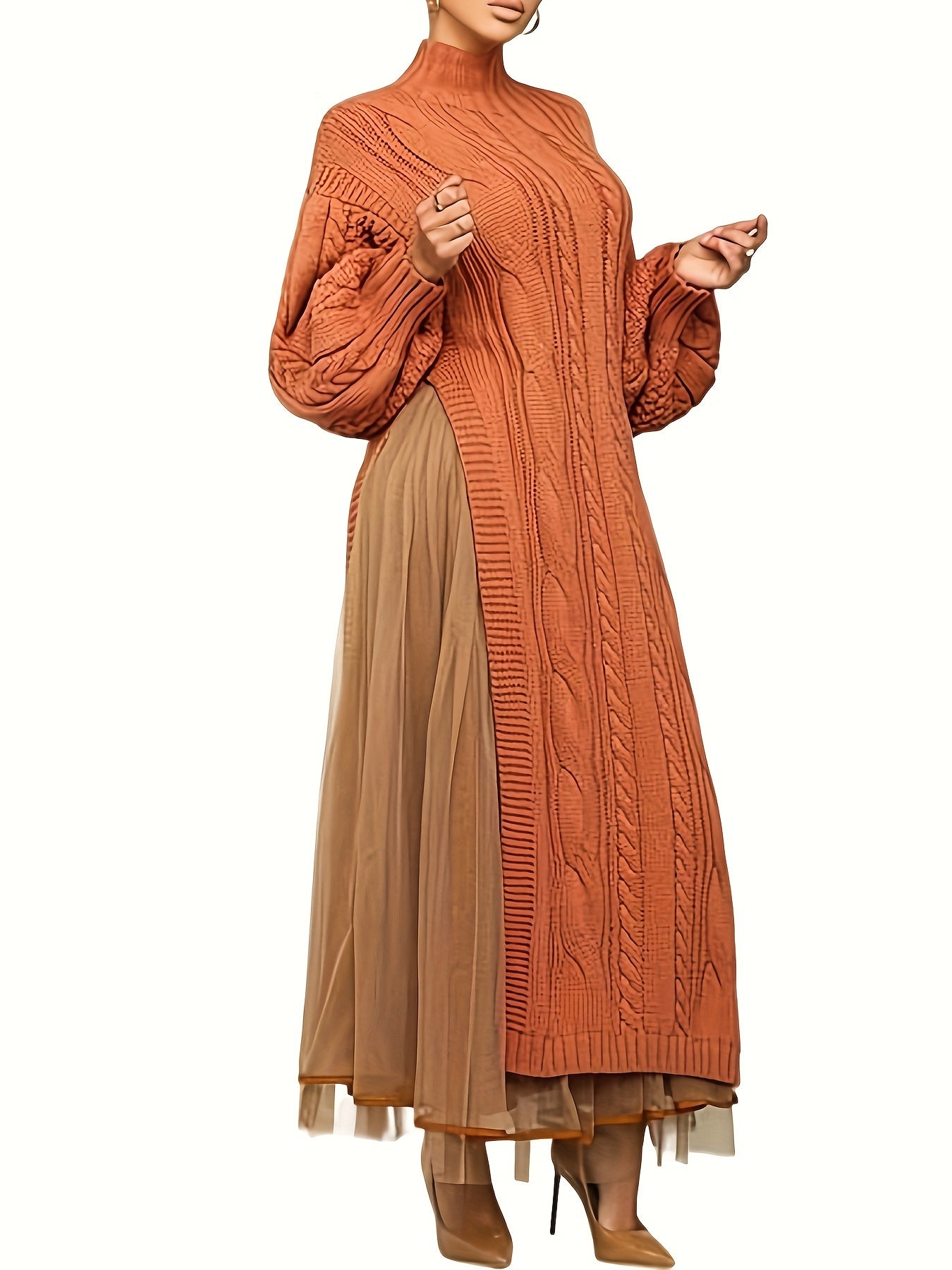 Two Piece Long Lantern Sleeve Slit Sweater Dress