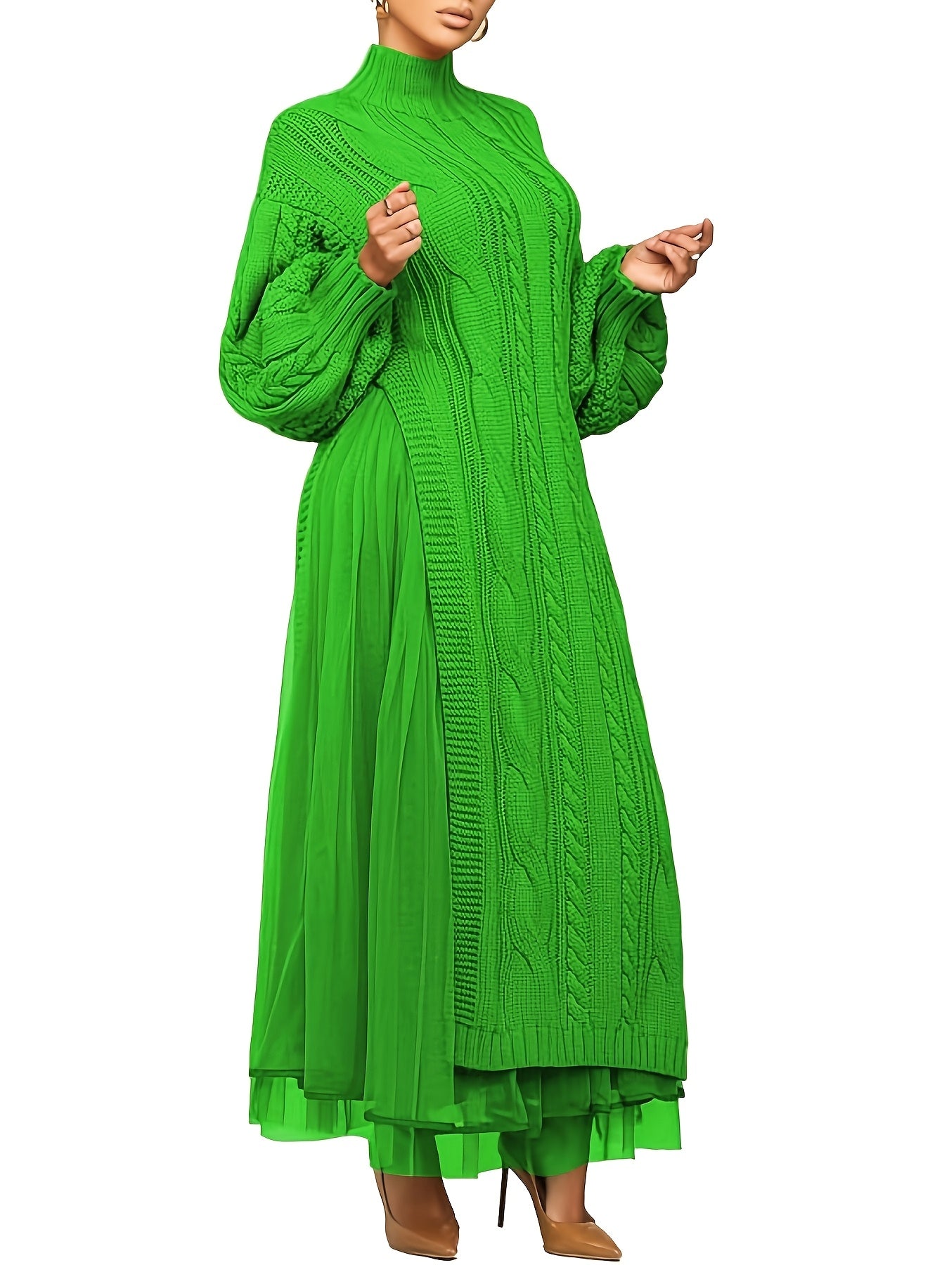 Two Piece Long Lantern Sleeve Slit Sweater Dress
