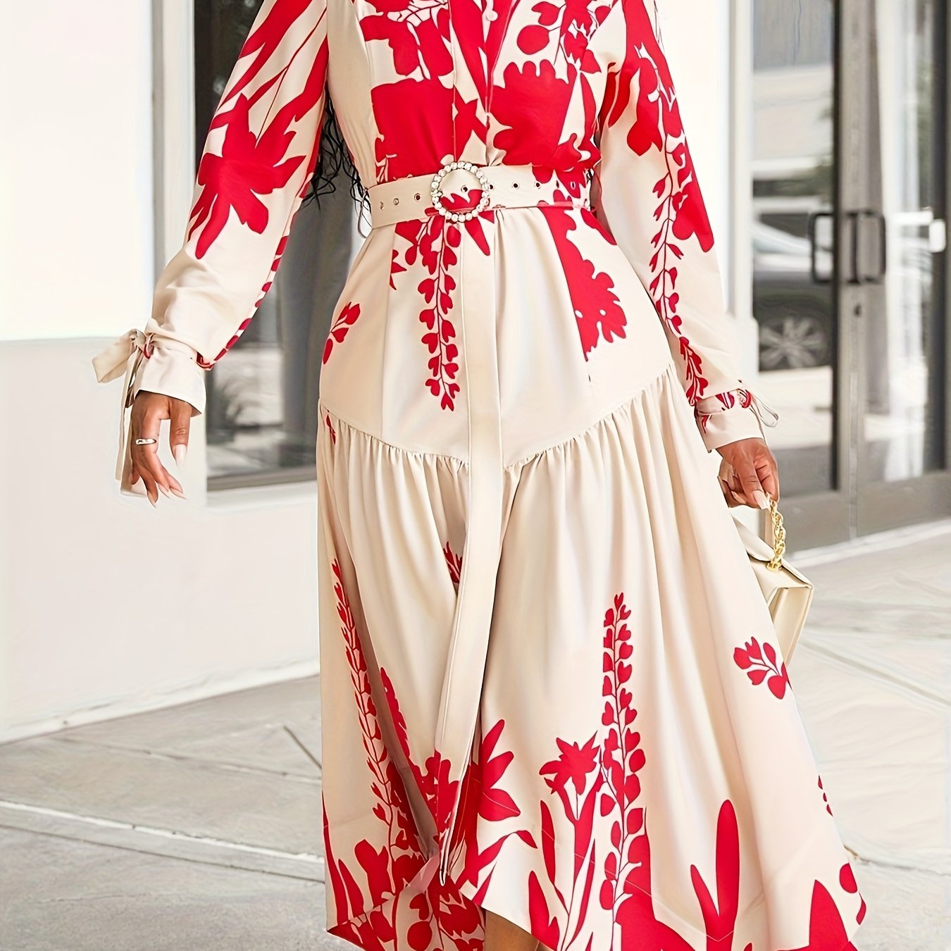 Long Sleeve Printed Lapel Irregular Loose with Belt Dress