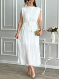 Sleeveless Fit and Flare with Frill Detail, Tent Collar, and Belted Waist