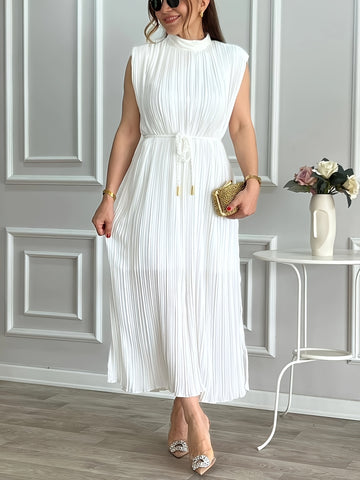Sleeveless Fit and Flare with Frill Detail, Tent Collar, and Belted Waist