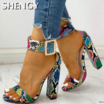 2020 Summer Women Shoes Snakeskin Ankle Buckled Sandals Chunky Heeled Sandals Open Toe Leopard Party Shoes