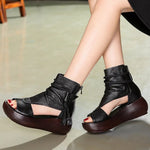 Retro Genuine Leather Zip Flat With Sewing Handmade Platform Sandals