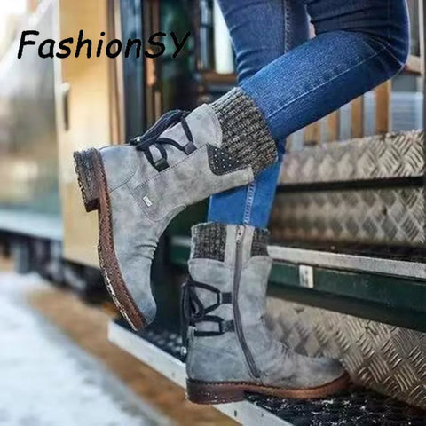 Boots Women shoes Autumn Winter Vintage Flat Lace Up solid Shoes Snow Boots Knitting Patchwork Female Mid Calf Boots woman