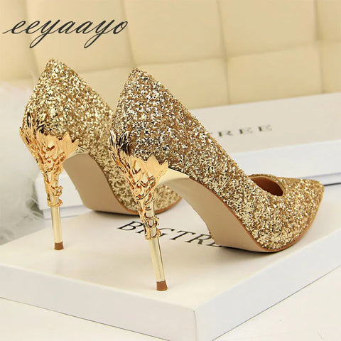 2020 New Spring Women Pumps High Thin Heels Pointed Toe Metal Decoration Sexy Bling Bridal Wedding Women Shoes Gold High Heels