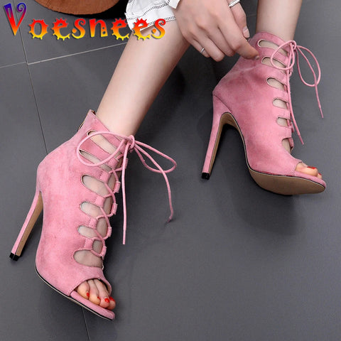 2021 Cool Boots Sandals Women Shoes High-top Peep Toe High Heels 11cm Hollow out Straps Thin Heels Nightclub Female Model Shoes