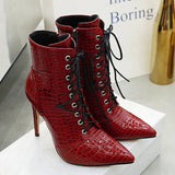 Sexy Ankle Cowboy Boots For Women Shoes Fashion Snake Red White Black High Heels Lady Lace Up Short Boot Autumn Large Size 46 45