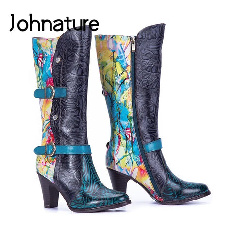 Johnature 2022 New Winter High Heel Boots Genuine Leather Pointed Toe Zip Women Shoes Hand-painted Sewing Leisure Platform Boots