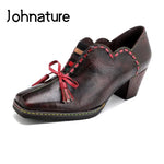 Johnature Pumps Women Shoes Genuine Leather High Heels Elastic Band Square Toe Retro 2022 New Handmade Concise Ladies Shoes