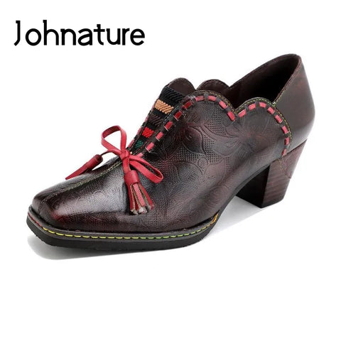 Johnature Pumps Women Shoes Genuine Leather High Heels Elastic Band Square Toe Retro 2022 New Handmade Concise Ladies Shoes