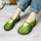 Johnature 2022 New Genuine Leather Flats Women Shoes Round Toe Casual Shallow National Style Soft Handmade Concise Ladies Shoes