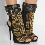 New punk style rivets stud gladiator sandals summer boots thin high heels fashion women shoes open toe buckle ankle boots