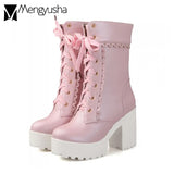 Winter Women shoes pink flower slide chunky knight boots