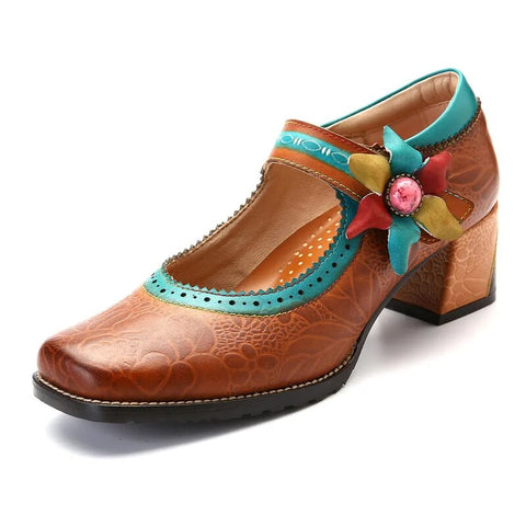 Retro Genuine Leather Flower Comfy Retro Pumps