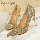 2020 New Spring Women Pumps High Thin Heels Pointed Toe Metal Decoration Sexy Bling Bridal Wedding Women Shoes Gold High Heels