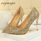 2020 New Spring Women Pumps High Thin Heels Pointed Toe Metal Decoration Sexy Bling Bridal Wedding Women Shoes Gold High Heels