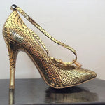 Sexy Ladies Metallic Lock Decor Ankle Coiled Strap Bling Gold Snakeskin Dress Pumps Stiletto High Heels Pointed toe Women Shoes