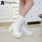 Winter Women shoes pink flower slide chunky knight boots