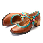 Retro Genuine Leather Flower Comfy Retro Pumps