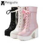 Winter Women shoes pink flower slide chunky knight boots