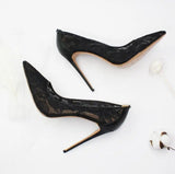 Zapatos Mujer Fashion Air Mesh Pumps Women Shoes Black Lace Flower Pointed Toe 12cm High Heels Pumps Wedding Shoes Plus Size 13