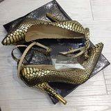 Sexy Ladies Metallic Lock Decor Ankle Coiled Strap Bling Gold Snakeskin Dress Pumps Stiletto High Heels Pointed toe Women Shoes