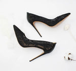 Zapatos Mujer Fashion Air Mesh Pumps Women Shoes Black Lace Flower Pointed Toe 12cm High Heels Pumps Wedding Shoes Plus Size 13