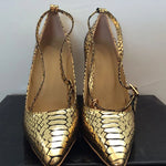 Sexy Ladies Metallic Lock Decor Ankle Coiled Strap Bling Gold Snakeskin Dress Pumps Stiletto High Heels Pointed toe Women Shoes