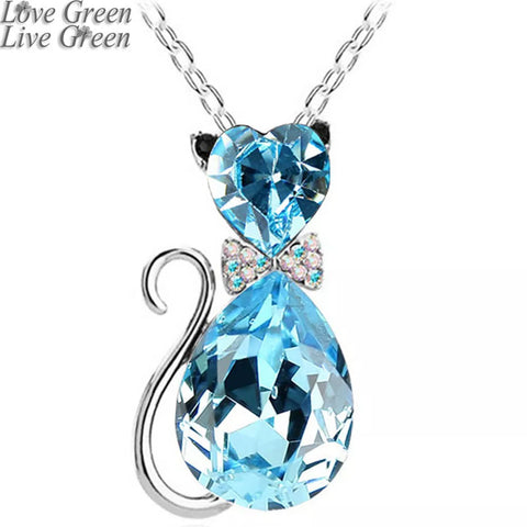 New Gift Colorful Austrian Crystal Cat Necklace For Women Accesorries Jewelry Catty Pendant Golden Plated Chain Charm Necklace