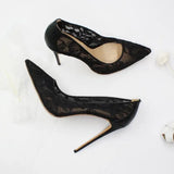 Zapatos Mujer Fashion Air Mesh Pumps Women Shoes Black Lace Flower Pointed Toe 12cm High Heels Pumps Wedding Shoes Plus Size 13