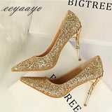 2020 New Spring Women Pumps High Thin Heels Pointed Toe Metal Decoration Sexy Bling Bridal Wedding Women Shoes Gold High Heels