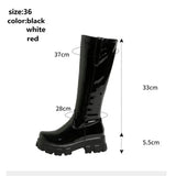 Patent PU Leather Women Knee High Boots Platform Square Heel Women Motorcycle Boots Black White Red Women Shoes Big Size 34-43