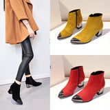 2021 Women Shoes Square Spring Autumn Fleece Heel Black Yellow Red Boots Point Toe 6cm Ankle  Shoes Female Lady Fashion785