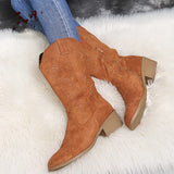 Flat Platform Cowboy Boots Women Shoes Autumn Winter Fur Leather Boots Fashion Round Toe High heels Ladies Shoes