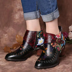 Johnature Women Boots 2022 New Autumn Winter Genuine Leather Women Shoes Round Toe Mixed Colors Flower Zip Handmade Ankle Boots