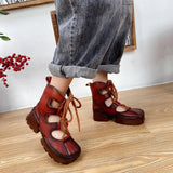 Johnature Sandals Genuine Leather Lace-Up Retro Wedges